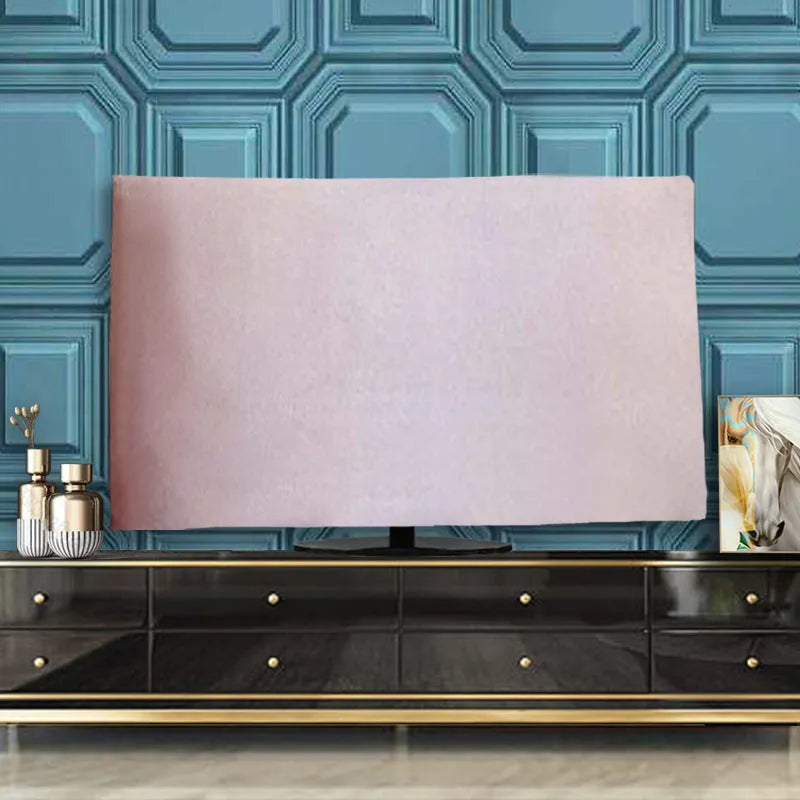 Velvet fabric TV cover with national style pattern, shown in light blue colour for a flat-screen television.