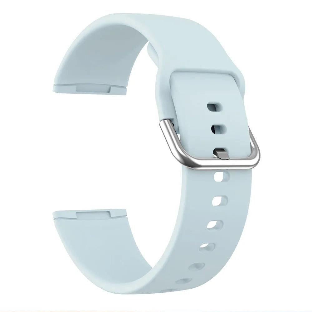 Silicone replacement strap with silver buckle for Fitbit Versa 3 and Sense 2 in multiple solid colours.