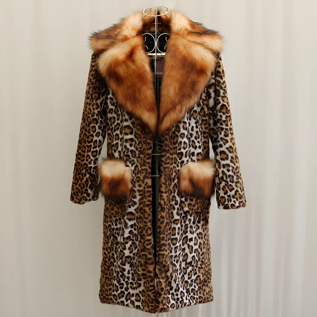 Women's leopard print artificial fur jacket with regular sleeves showing 80cm length