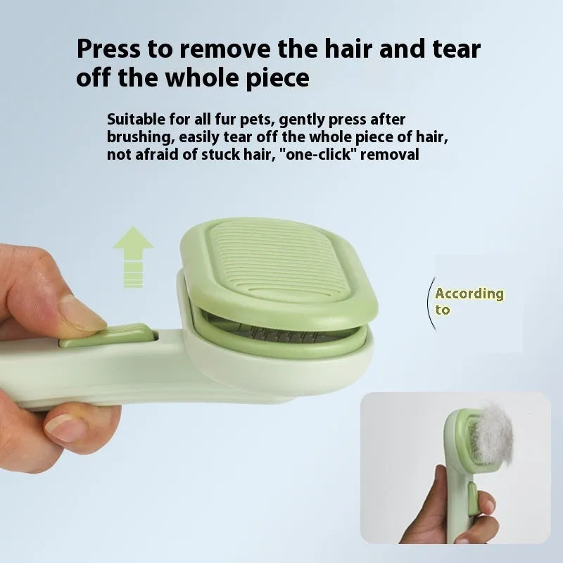 Large light grey pet hair removal comb with stainless steel blade and one-click button.