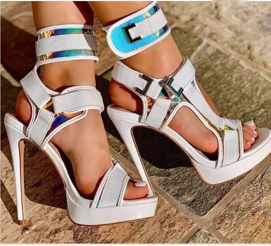 Women's buckle super high heel sandals with 12cm stiletto and 2.5cm waterproof platform in army green colour