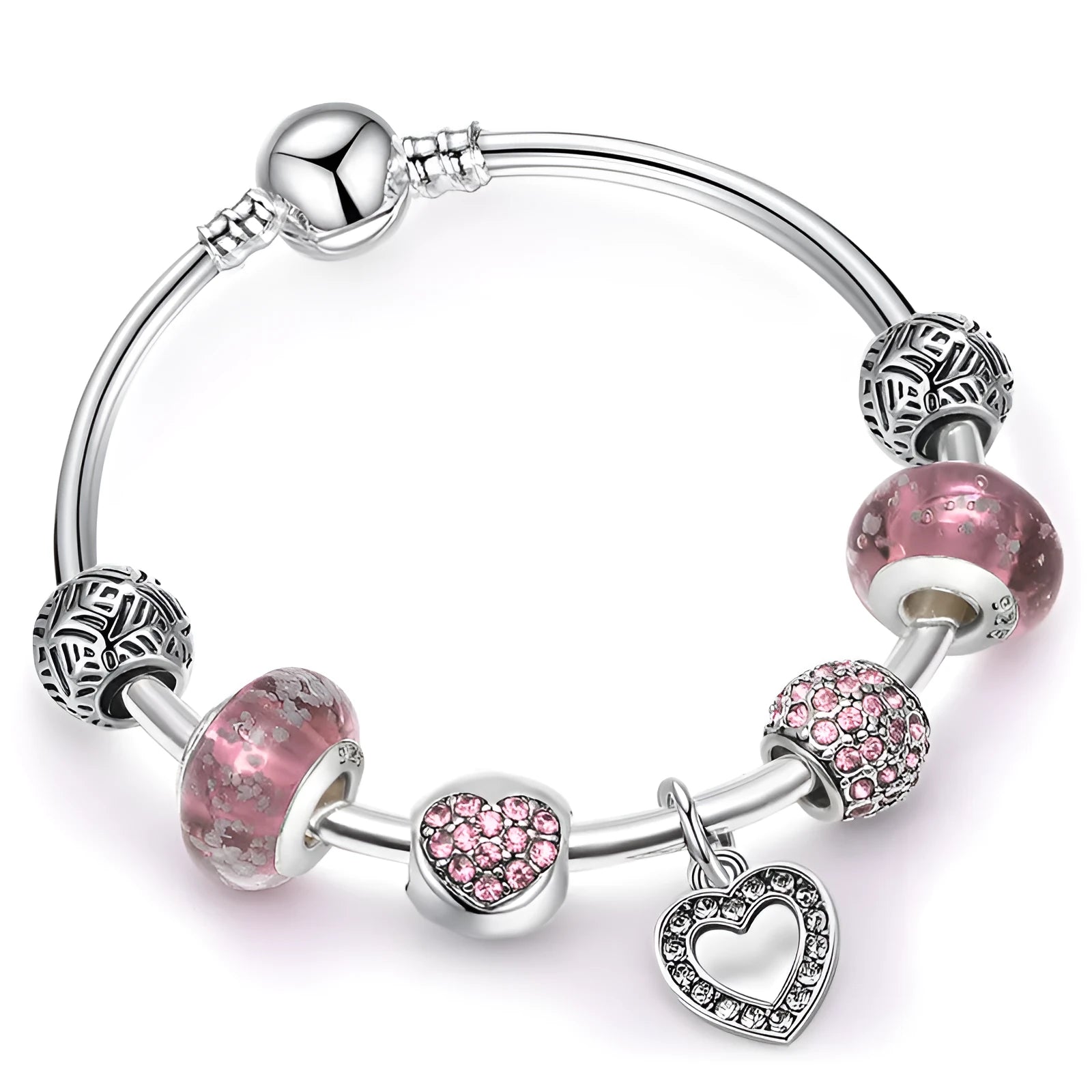 DIY beaded bracelet for women with love pendant in gold, rose gold, and silver colours on a light background