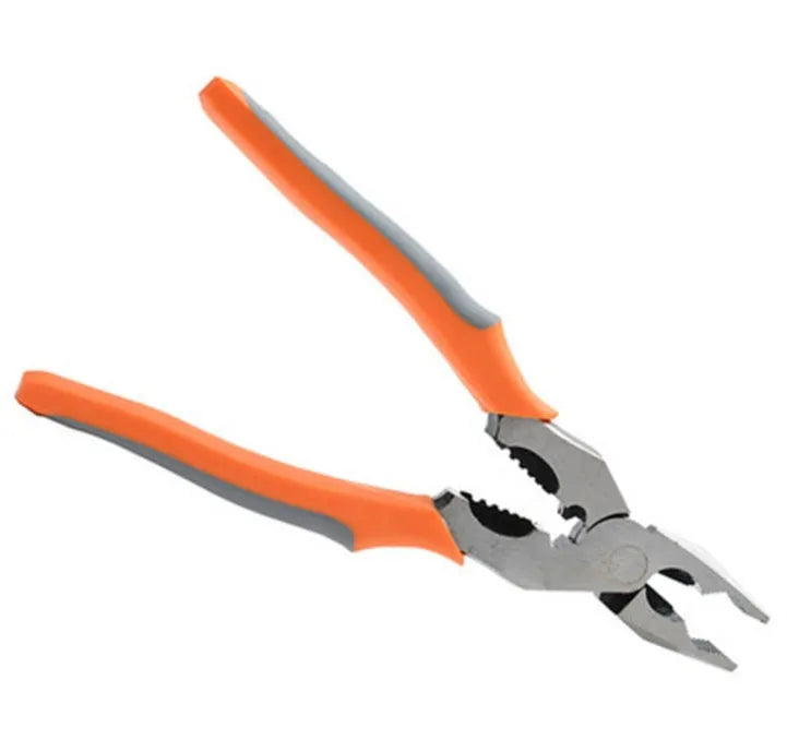 Orange handled multi-function wire cutter pliers with forged steel jaws on a workbench.