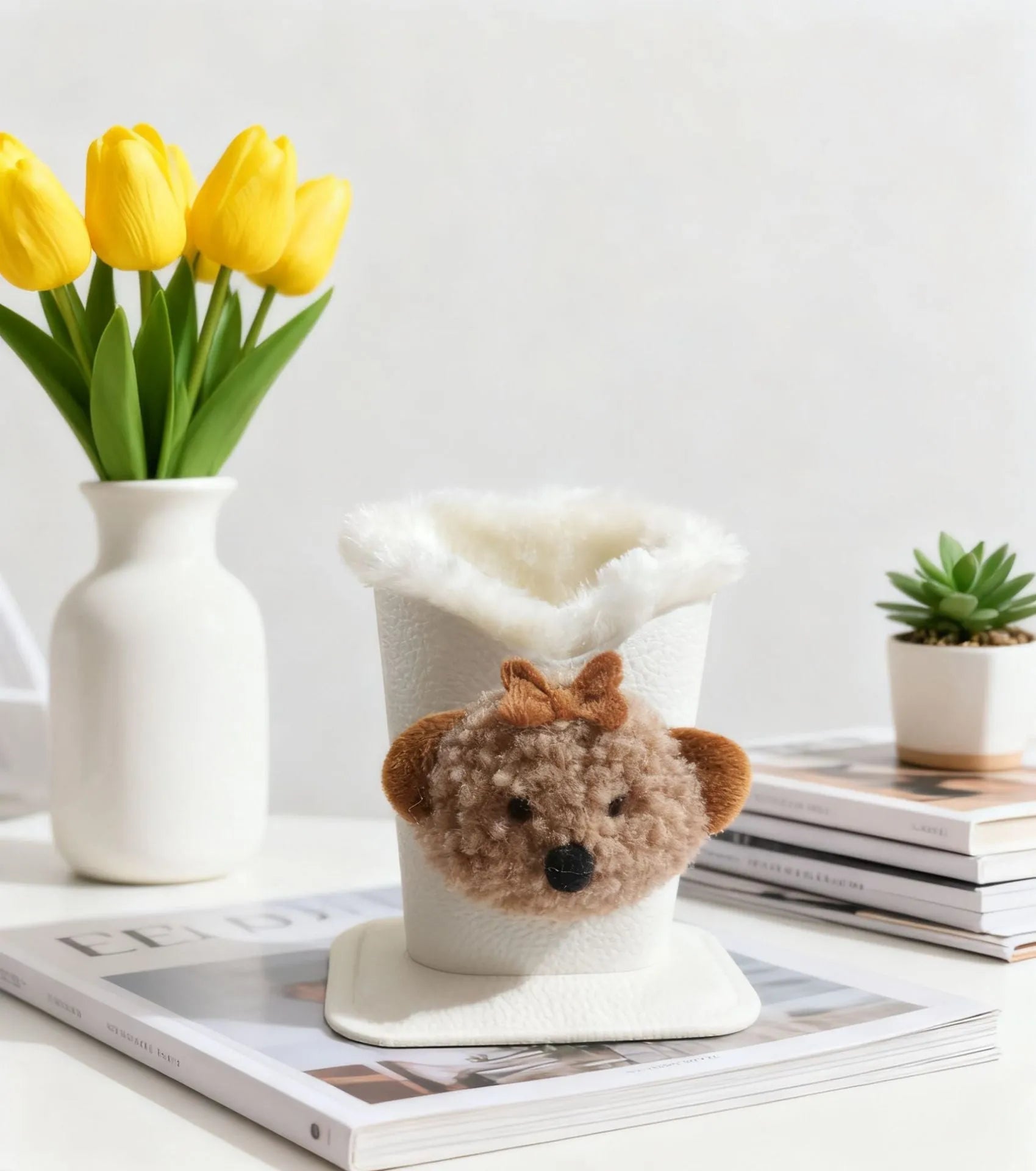 Nordic style fluffy cartoon desktop glasses storage bucket in leather with animal design, 11.6x8.1x12cm