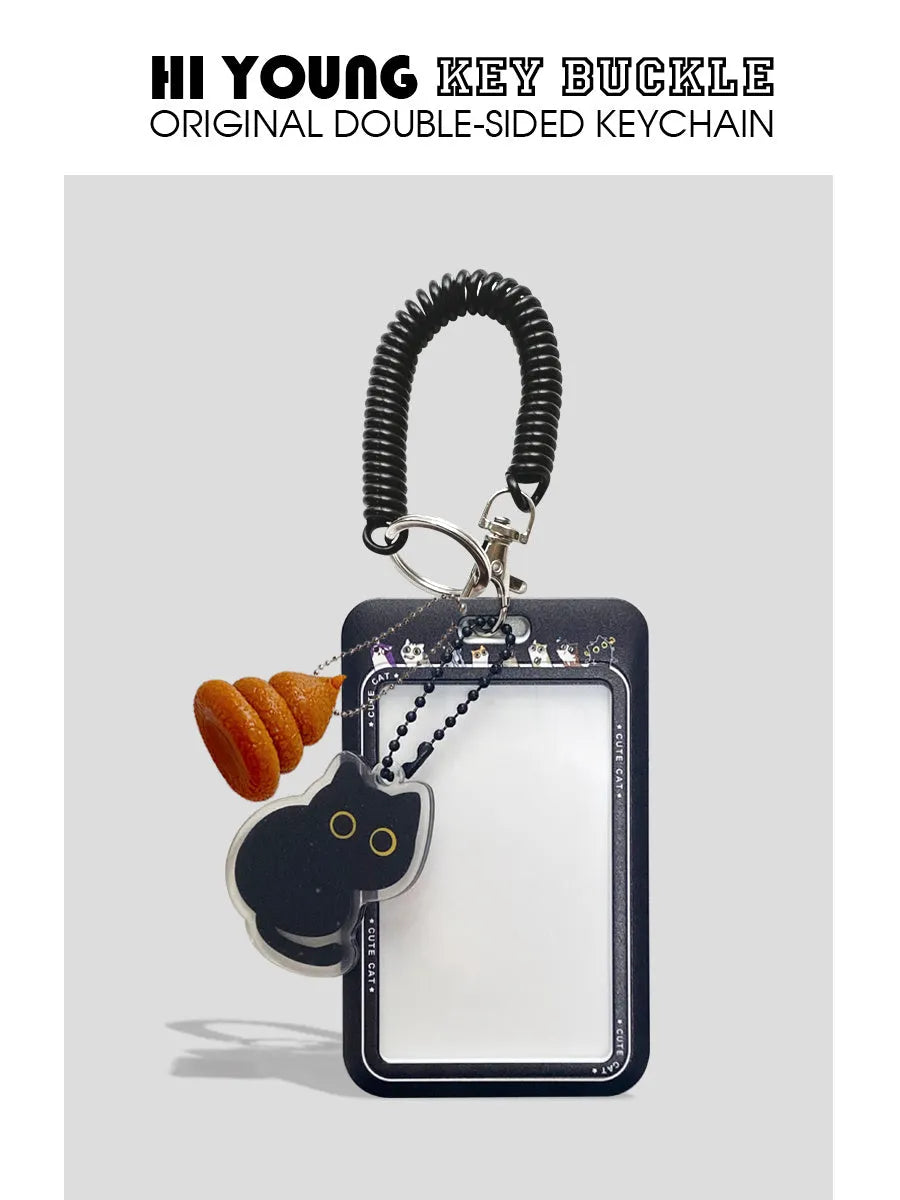 Black cat cartoon design plastic card sleeve with removable fob pendant for bus and student cards