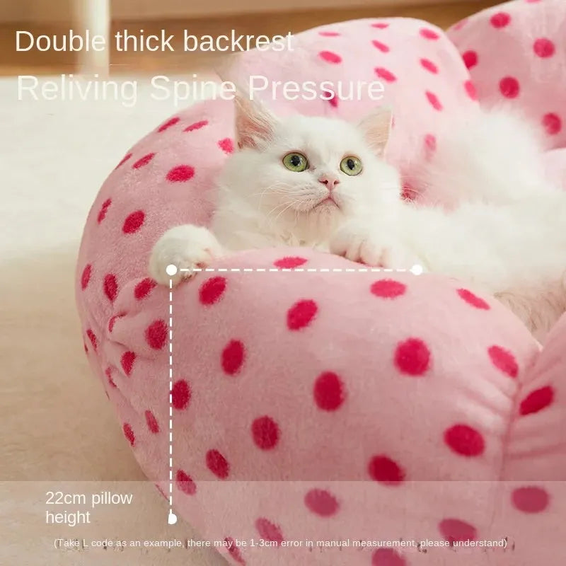 Pink dot circular cat bed showing two size options for pets up to 8 and 20 pounds