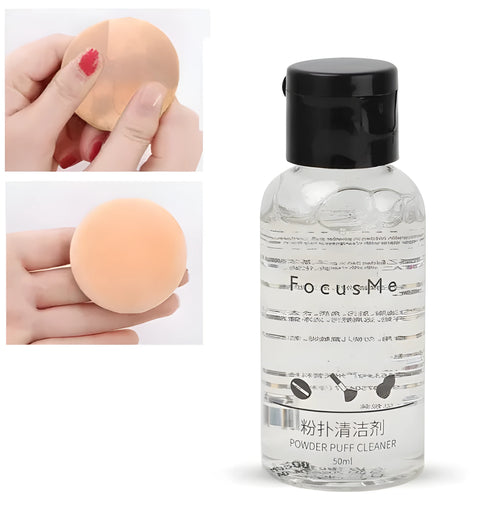 50ml makeup brush cleaning liquid in a clear plastic bottle with blue cap, 9x3x3cm size