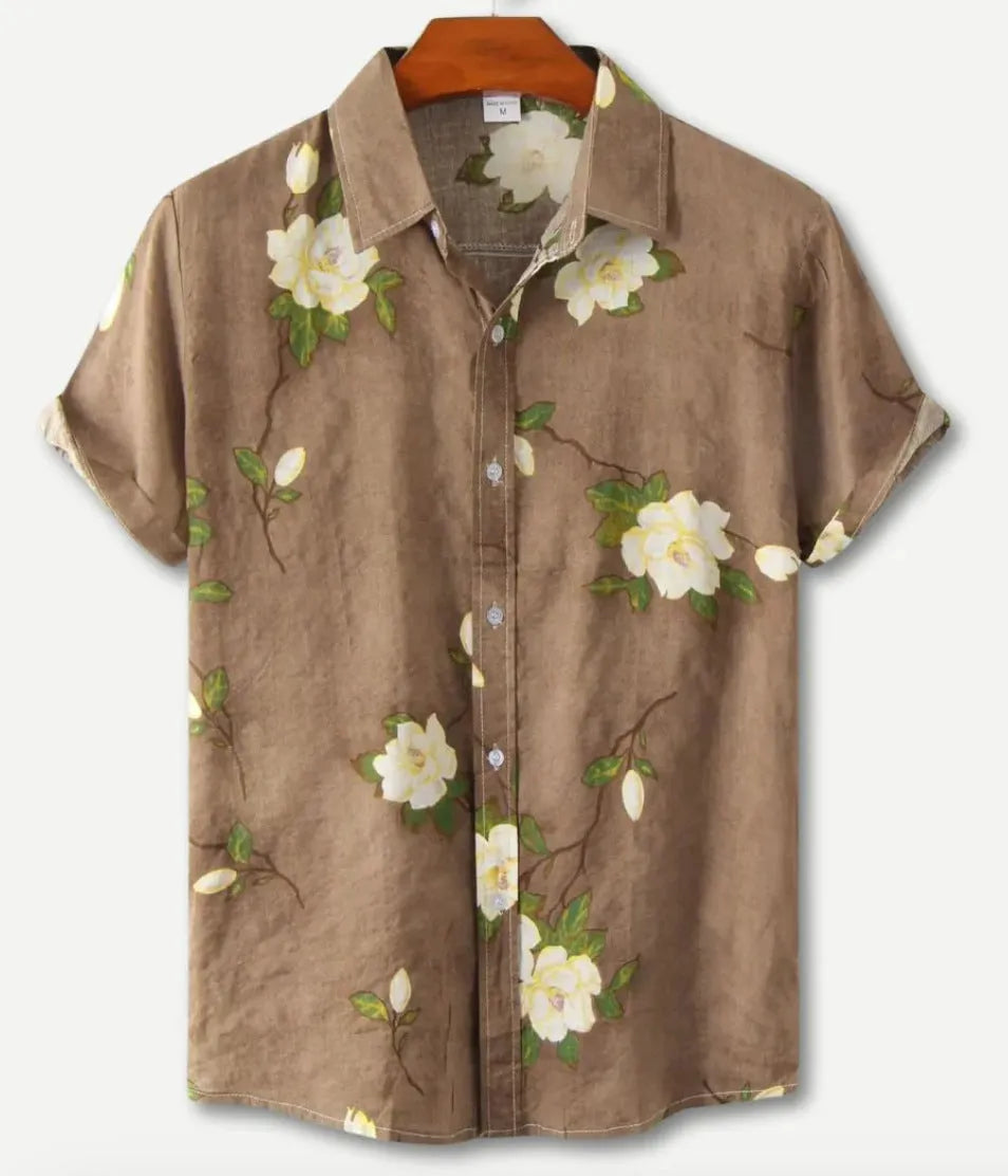 Hawaiian floral print short sleeve cardigan shirt with elastic polyester fabric in multiple colour options