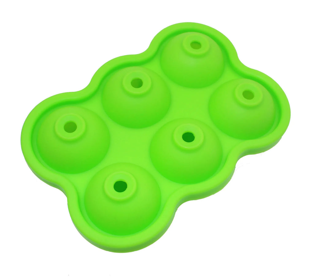 Large black silicone ice cube maker with six 4.5cm sphere cavities on a white background