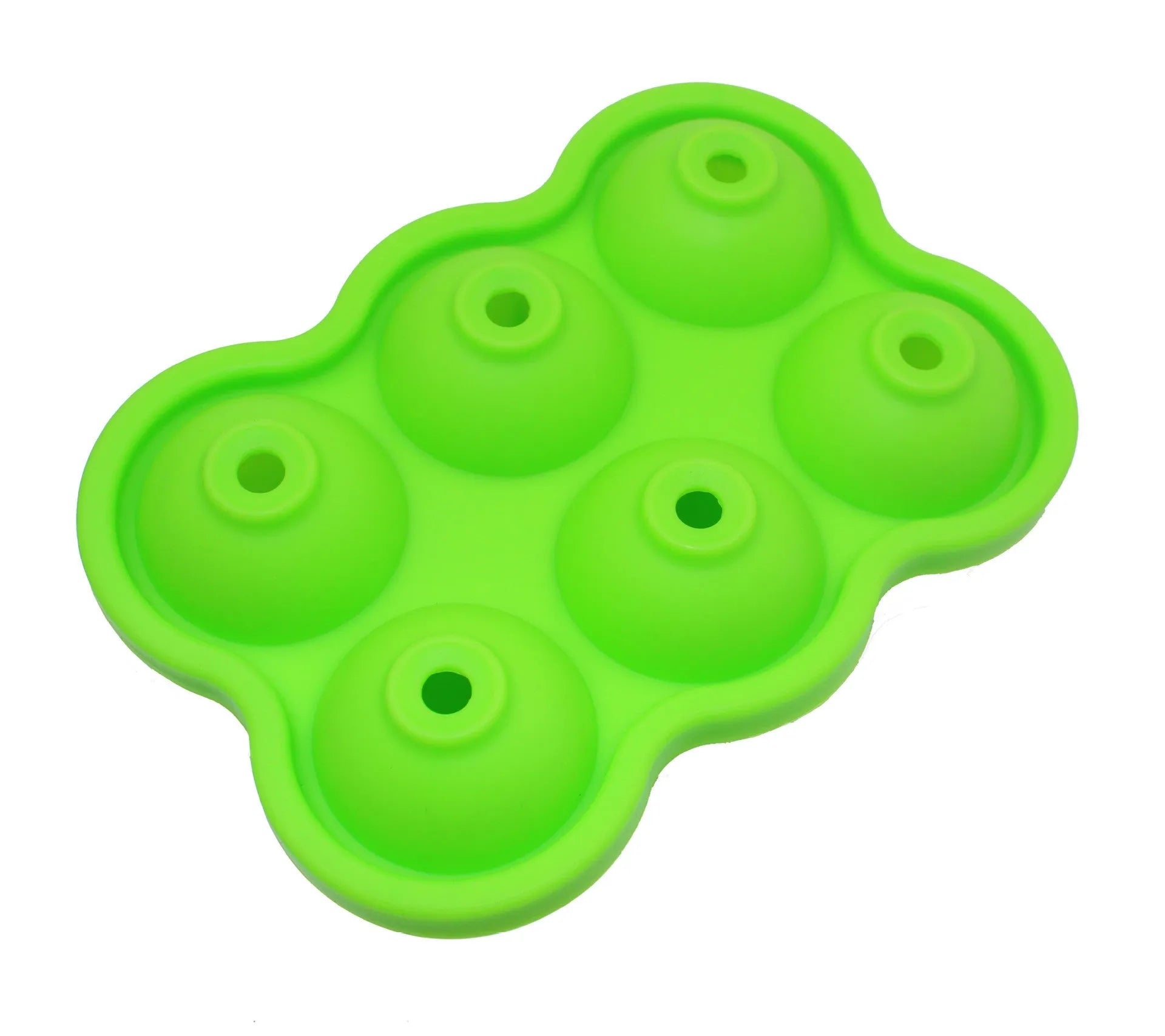 Large black silicone ice cube maker with six 4.5cm sphere cavities on a white background