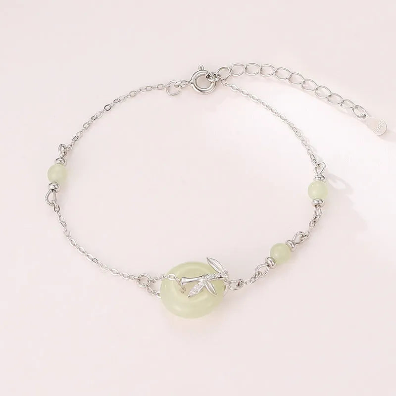 Women's antique-style Hetian Jade bracelet with 925 silver safety buckle in gold or silver colour options