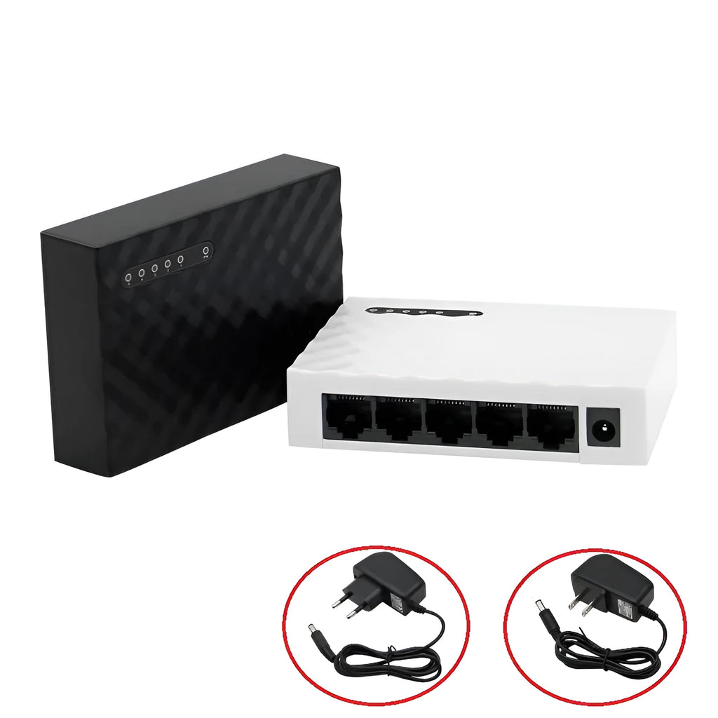 5-port Gigabit Ethernet home switch in black EU standard with LED indicators and network ports