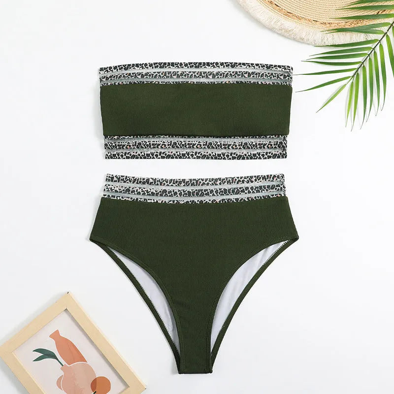 Black strapless bikini set with leopard print detail on briefs