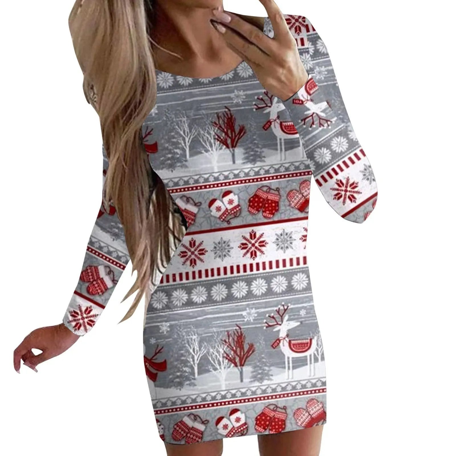 Animal pattern round neck dress with long sleeves and hip skirt styling in floral colour