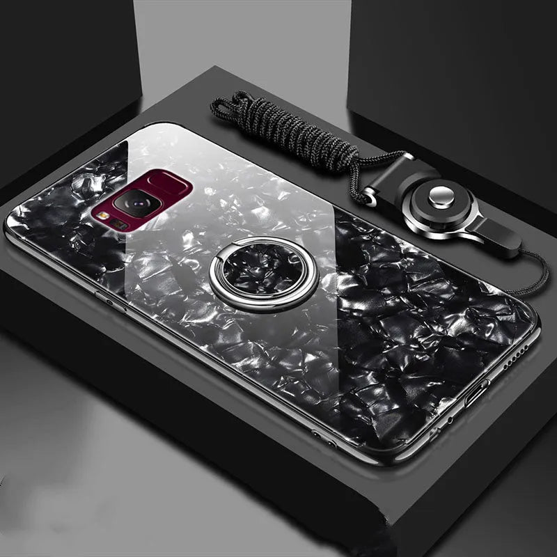Tempered glass phone case in black, pink, red, or white for Samsung S8 and S9.