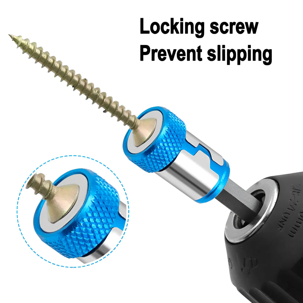 Light blue magnetic screwdriver bit with slotted head and high-carbon steel construction