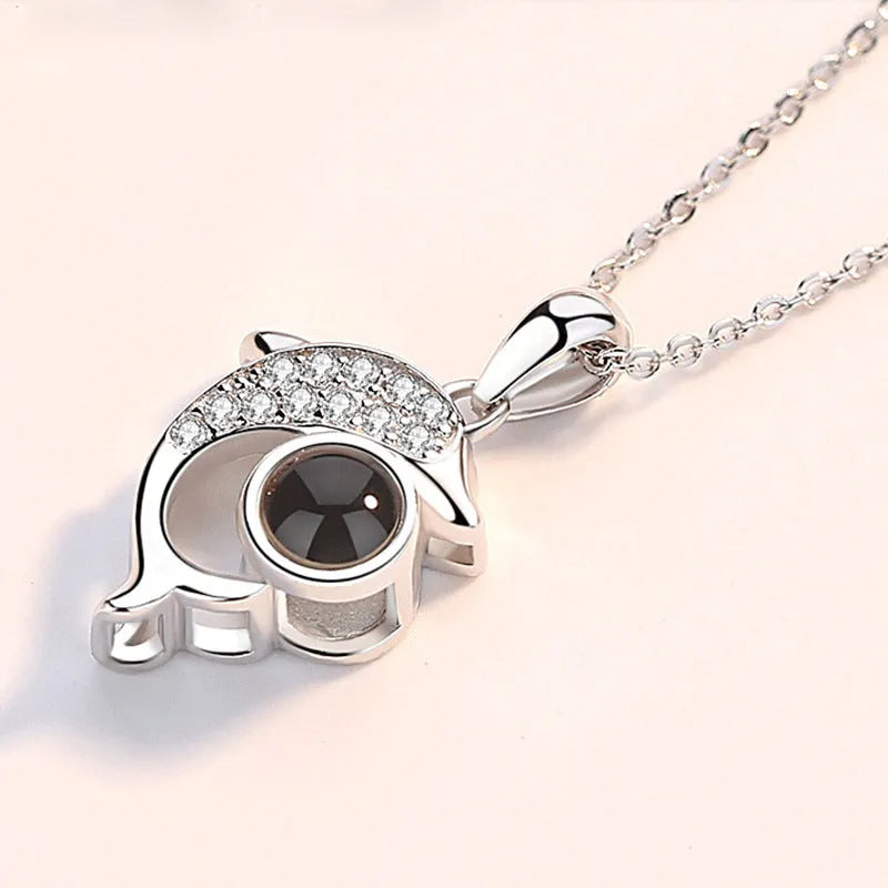 I Love You necklace with zircon pendant in silver, 100 languages design, chain length 40+5 cm