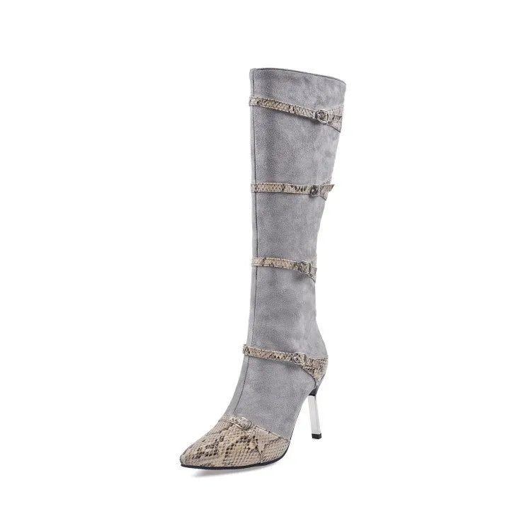 Grey women's knee high boots with a thin high heel and pointed toe on a plain background.