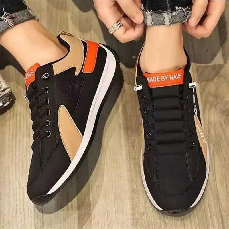 Men sports flat shoes with breathable mesh upper in black, low-top design, non-slip sole