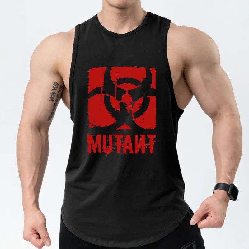 Loose grey polyester fitness vest sleeveless shirt on a hanger, showing its waistcoat design.