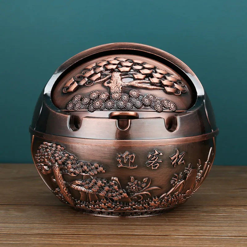 Creative alloy ashtray in bronze with smoke extinguishing slot, featuring a detailed Money Tree design.