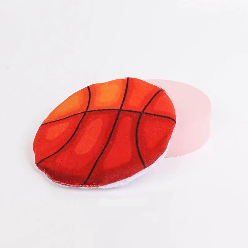 Flat disc cat toy with sports ball pattern measuring 5cm containing catnip and crinkle sound