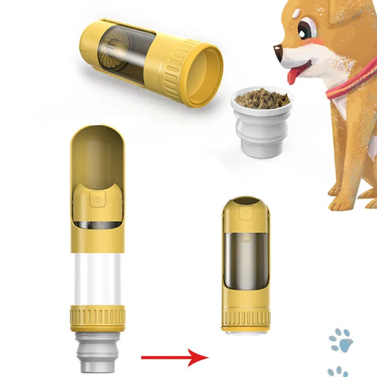 Dark blue portable dog water bottle with flip-out bowl, shown with leash.