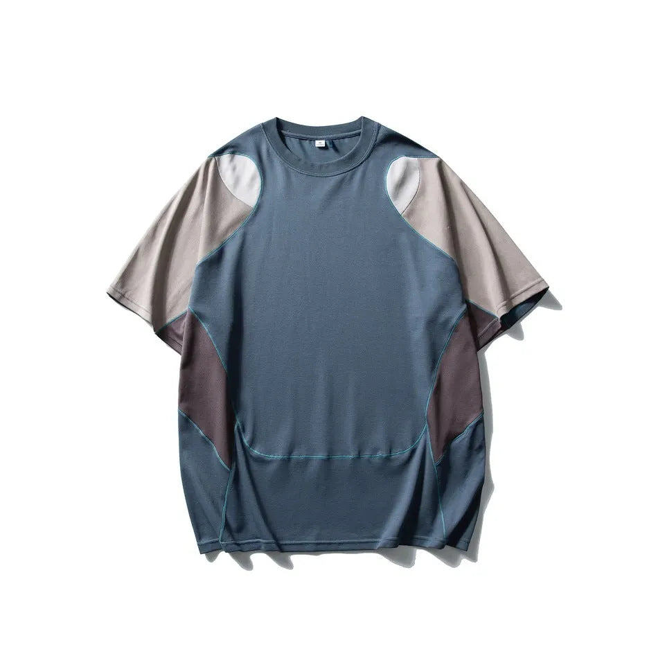Men's loose blue patchwork sports t-shirt with short raglan sleeves on a mannequin