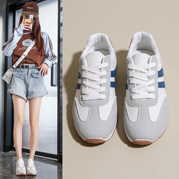 Blue and grey stripe sports shoes with rubber soles and round toe design
