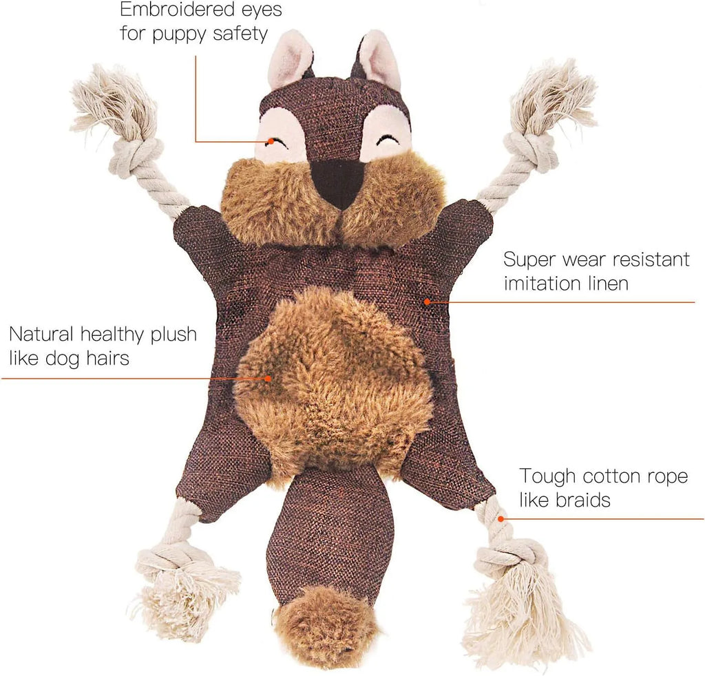 Brown plush fox dog toy with embroidered eyes, cotton rope arms and legs with knots.