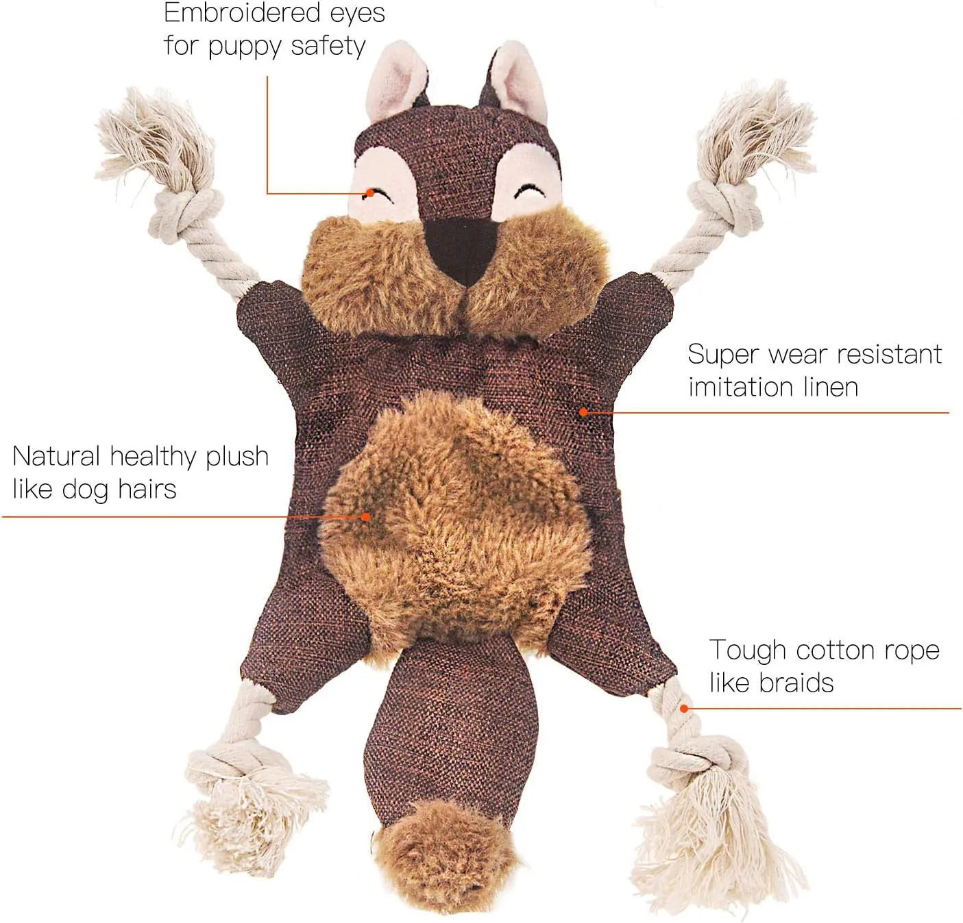 Brown plush fox dog toy with embroidered eyes, cotton rope arms and legs with knots.