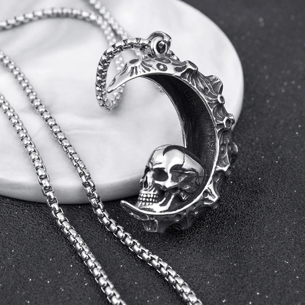 Men's silver skull necklace with stainless steel chain and six different alloy pendant designs