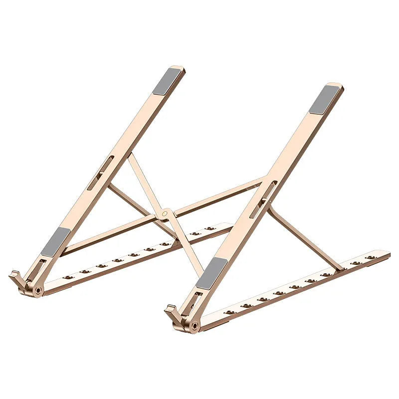 Folding flat aluminium alloy laptop stand in grey, 255x35x13mm, angled to show silicone pads and hinge mechanism
