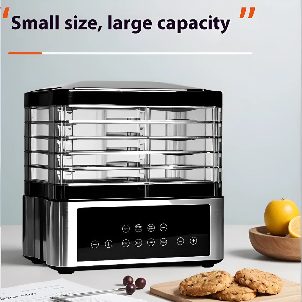Silver stainless steel household food dehydrator with 14-litre capacity display