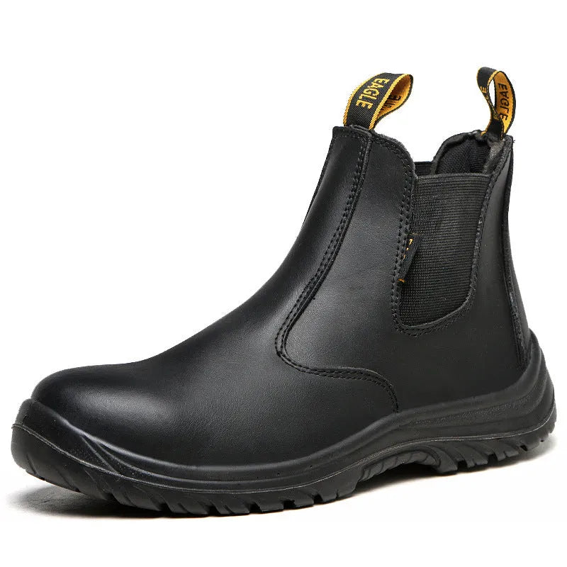 Black leather high-top safety boots with anti-piercing protection for workplace use