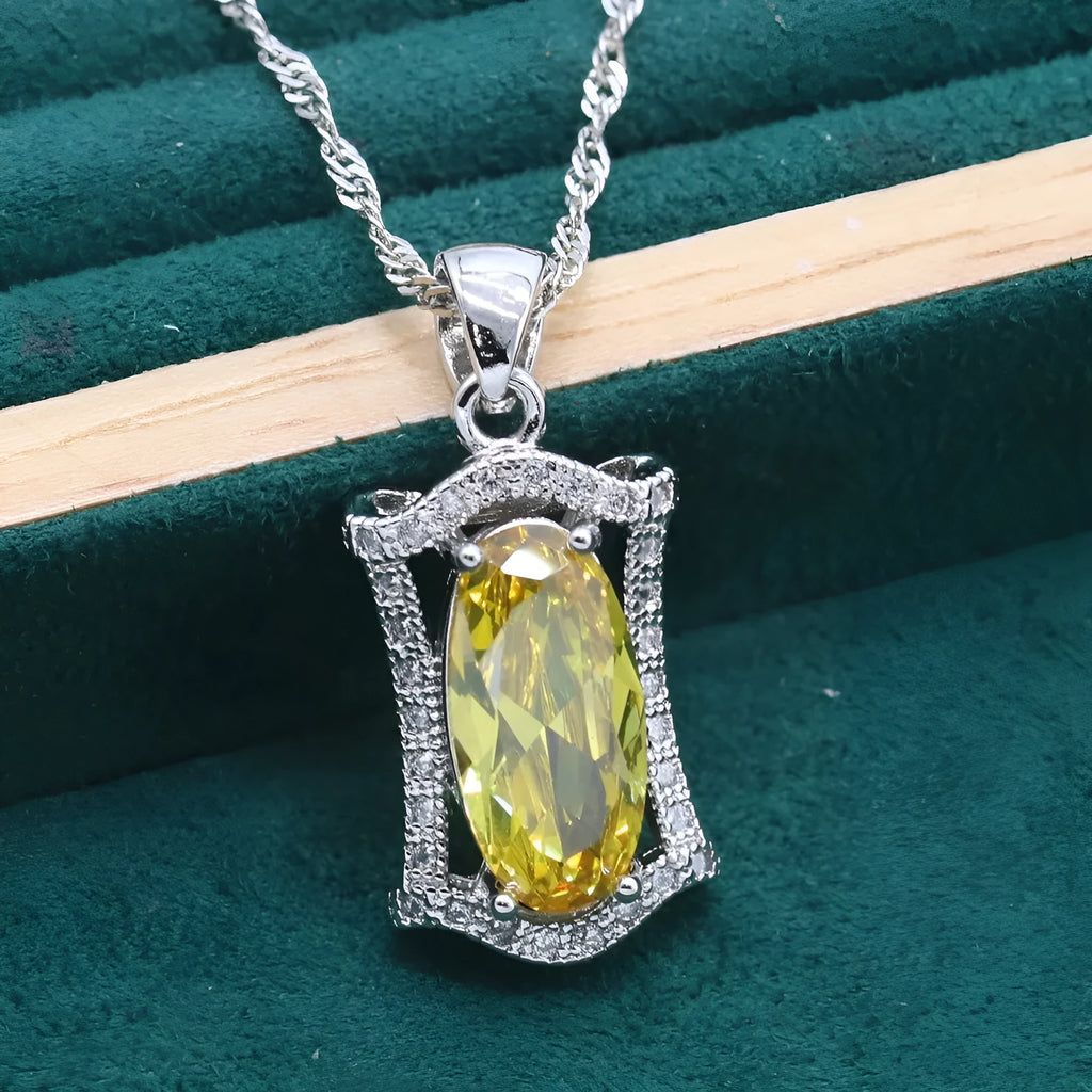 Anti-allergy zircon jewellery set with necklace, earrings, ring and bracelet in yellow or olive alloy colours