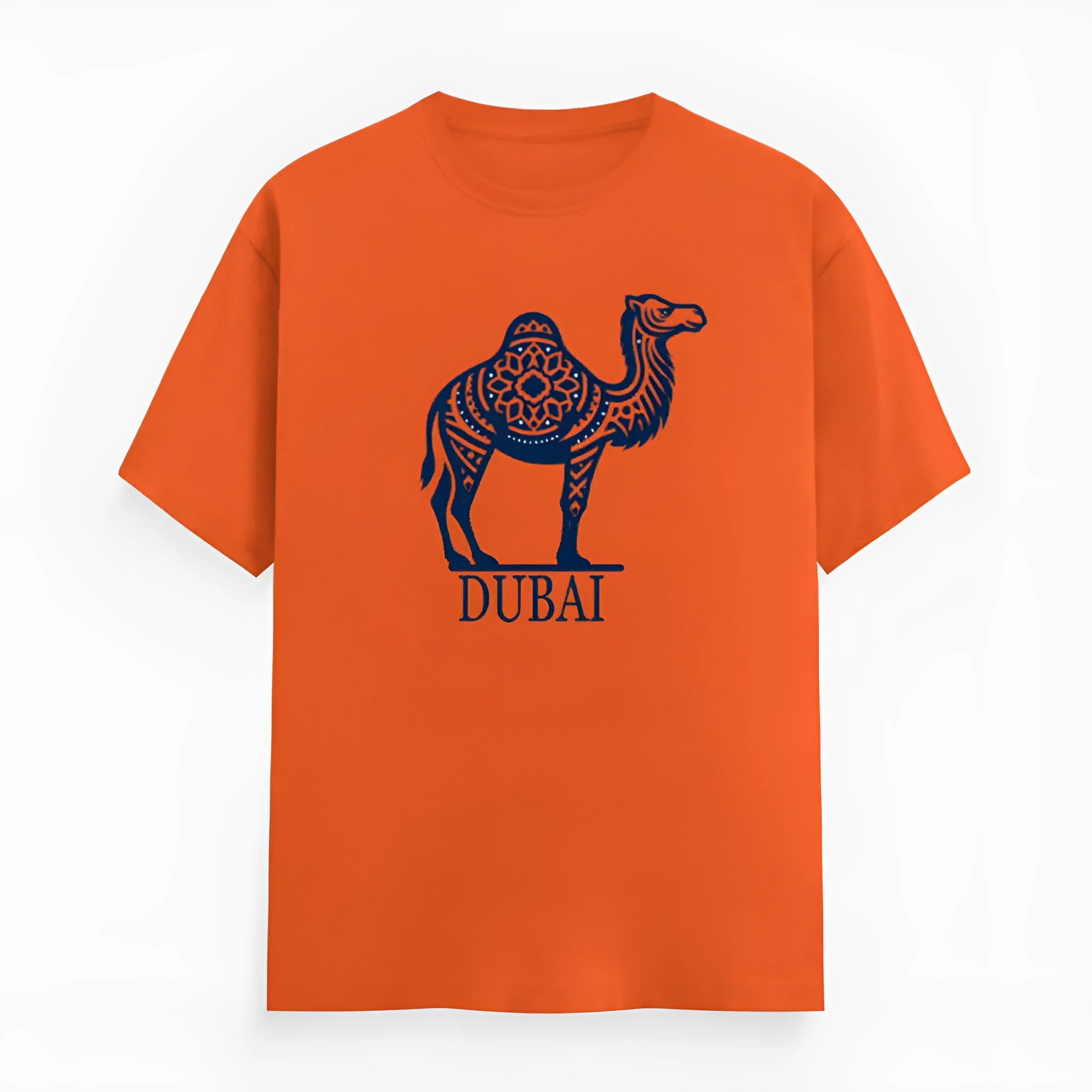 Orange loose-fit short sleeve T-shirt with round neck on a plain background