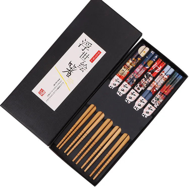 Five pairs of Japanese-style bamboo chopsticks with cartoon patterns in gift box packaging