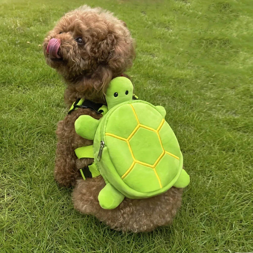 Brown turtle-shaped dog backpack harness with metal zipper and no-pull vest design
