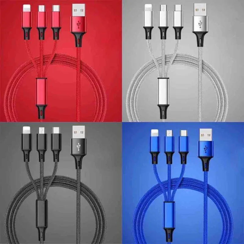 3-in-1 braided charging cable with Lightning, Micro-USB and Type-C connectors in nylon braiding
