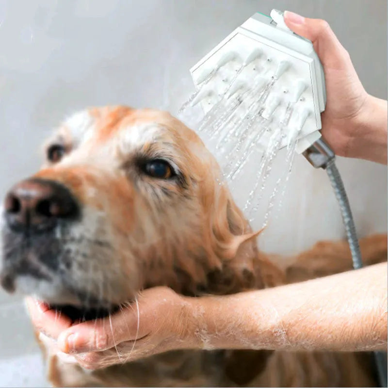 Pet shower brush nozzle with one-key switch and massage brush in blue for dogs and cats