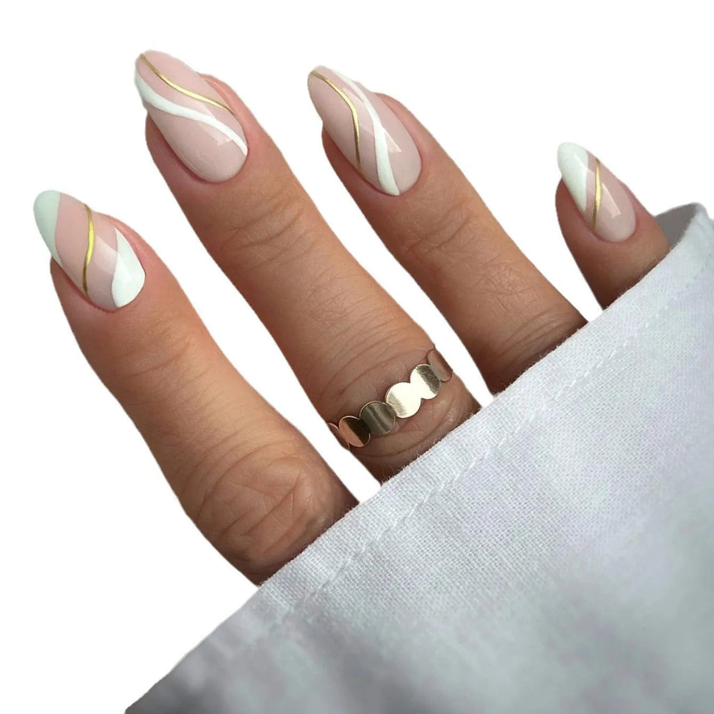 Wearable nail stickers with a red and black plaid pattern in a medium drop shape on a nail.