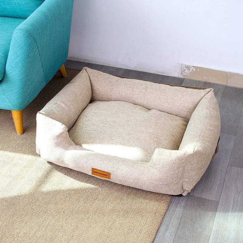 Cloth dog kennel bed in khaki with summer sleeping mat, available in four sizes S to XL for small to large dogs