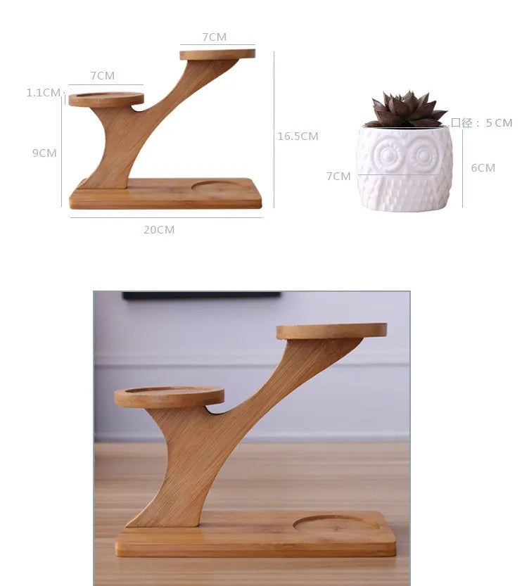 Set of three white ceramic owl planters on a bamboo tree stand against a neutral background