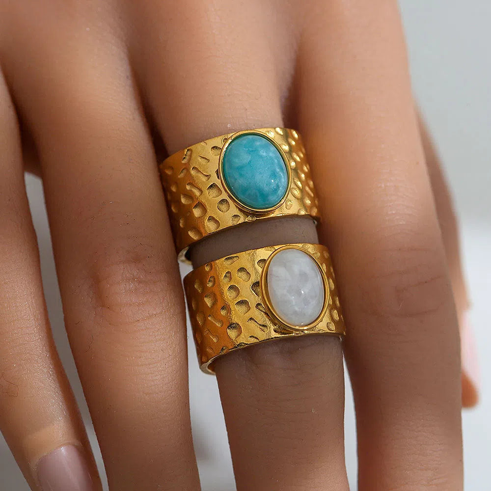 Natural stone open ring for women, leaf shape, stainless steel, electroplated finish, round stone, Ins style