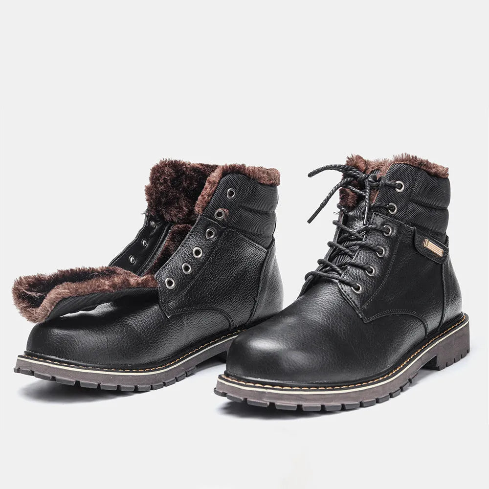 Plus size men's real leather snow boots with fleece lining, knee-high, rubber sole, black, sizes 39-47