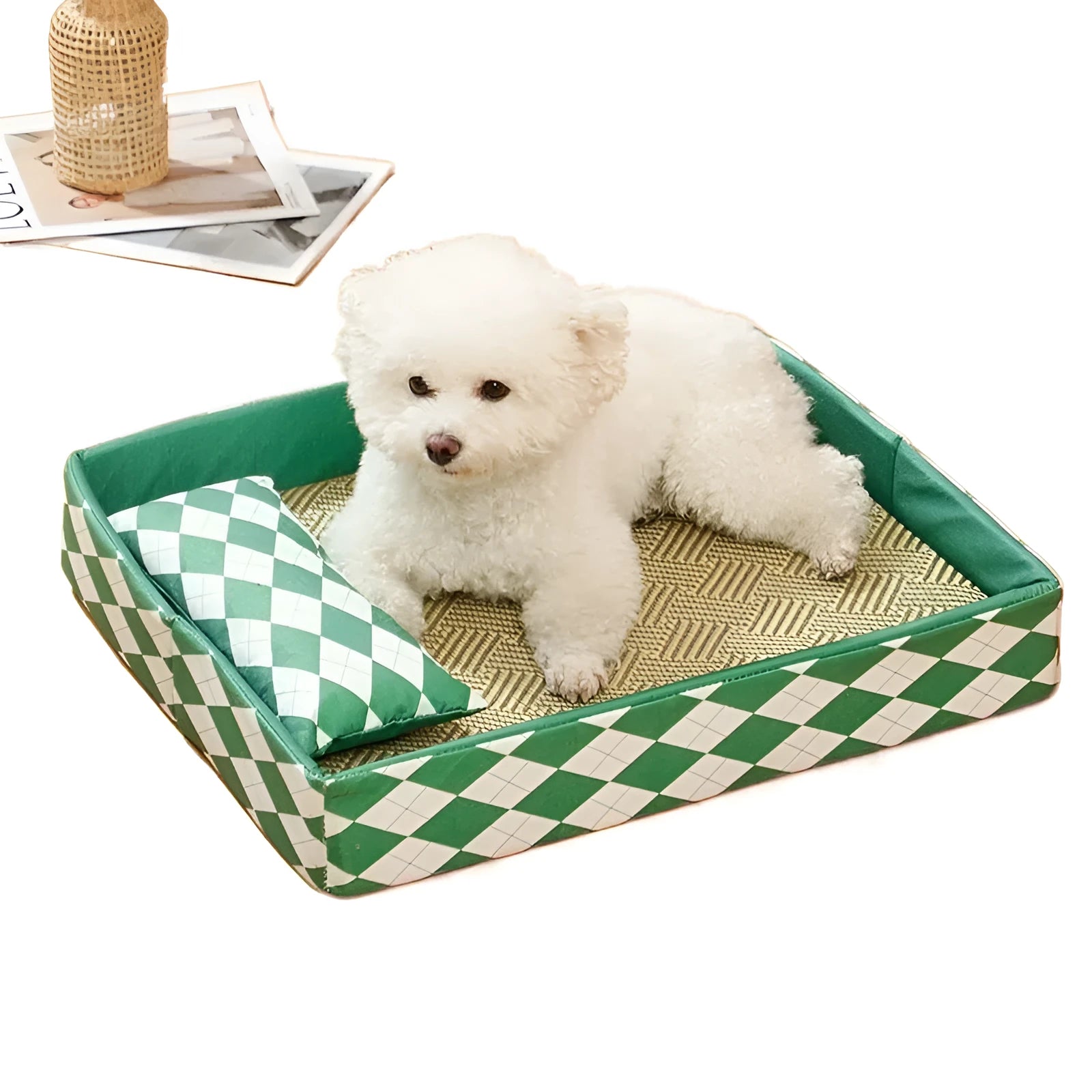 Blue rattan cooling mat cat bed for kittens and adult cats on a wooden floor.