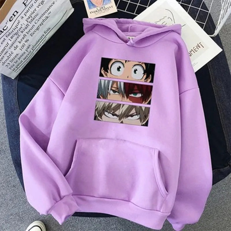 Unisex loose hoodie sweater with three eyes print in black, long sleeves, polyester fabric, front view