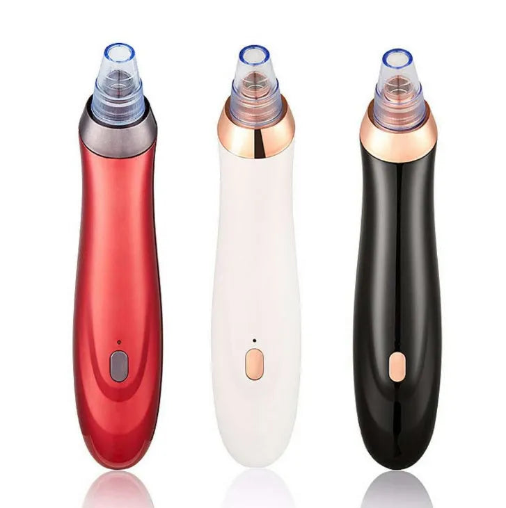 Electric blackhead remover pore cleaner in black with interchangeable nozzle heads and compact design