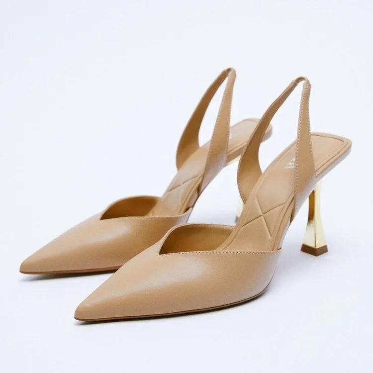 Women's nude patent leather pointed high heels in black and apricot colours with shallow mouth design